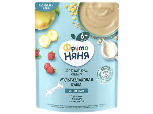 Фруто Няня Каша молочная, мультизлаковая с яблоком, бананом и земляникой, с 6+ месяцев, 200 гр.
